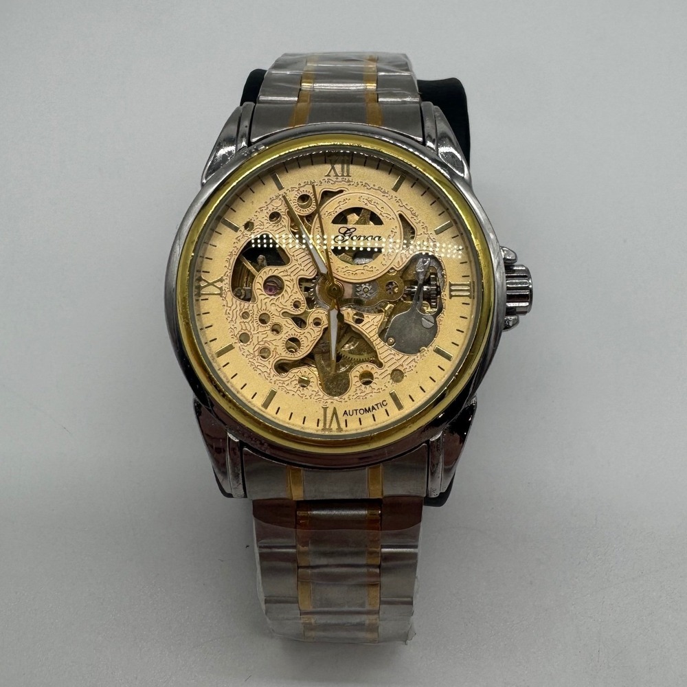 Genoa Men's Automatic Skeleton Watch Two Tone Stainless Steel Gold Dial 40mm